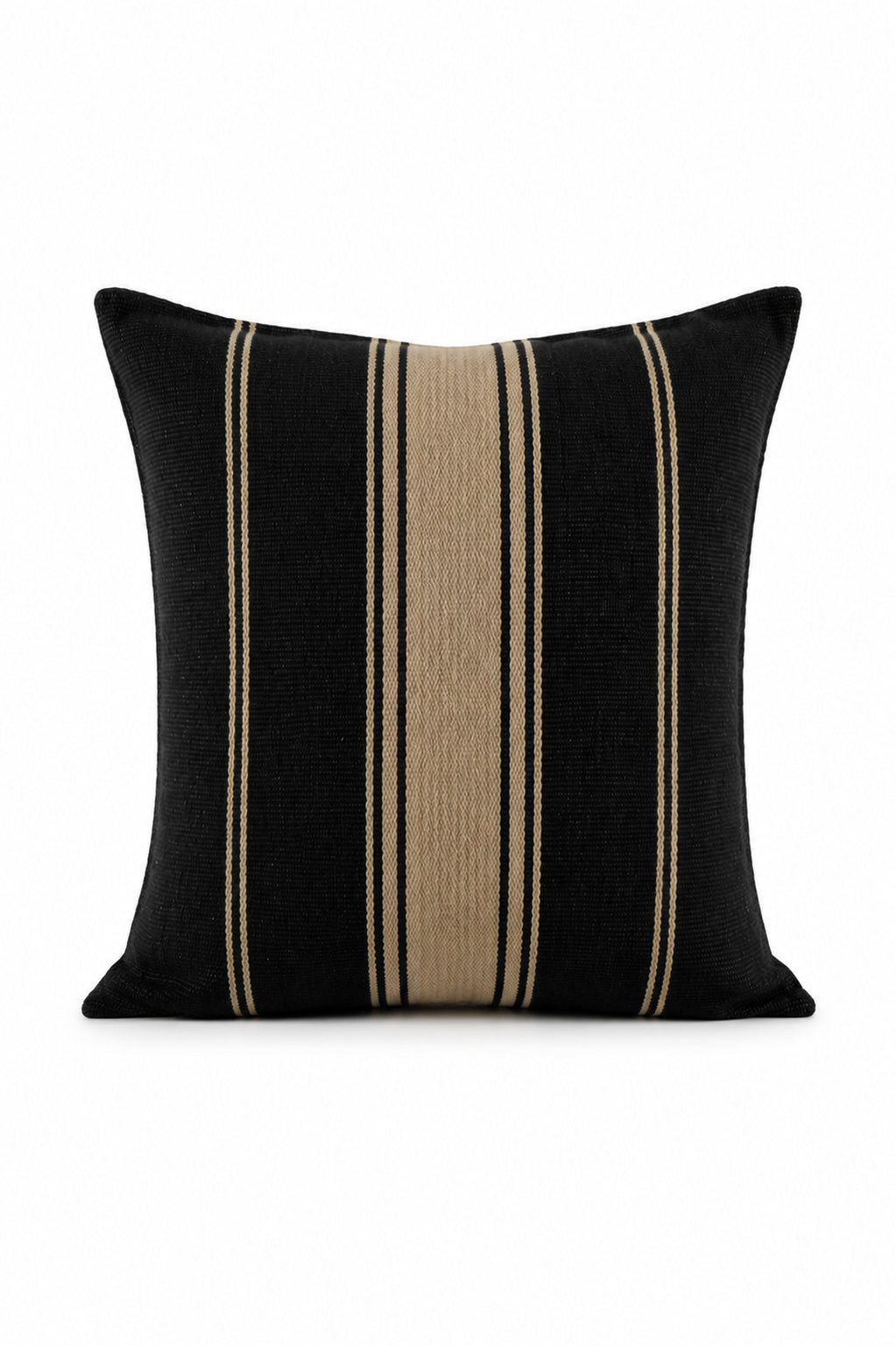 Cojín decorativo estilo saco de grano negro con banda central y líneas trigo