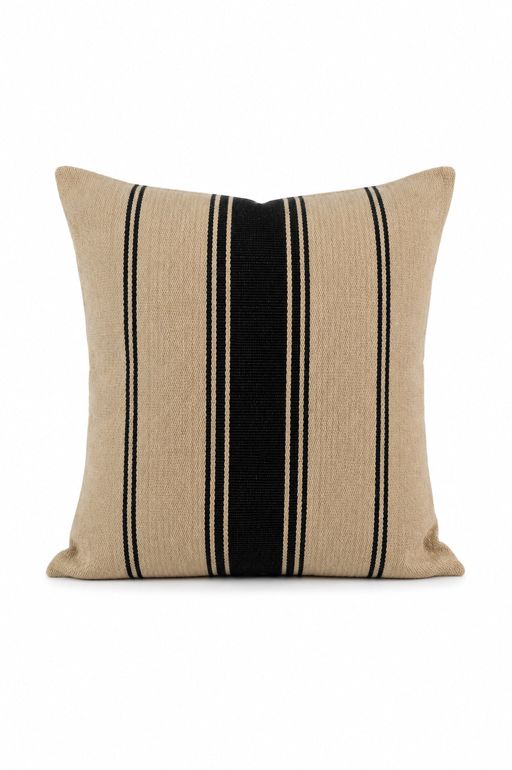 Cojín decorativo estilo saco de grano color trigo con banda central negra