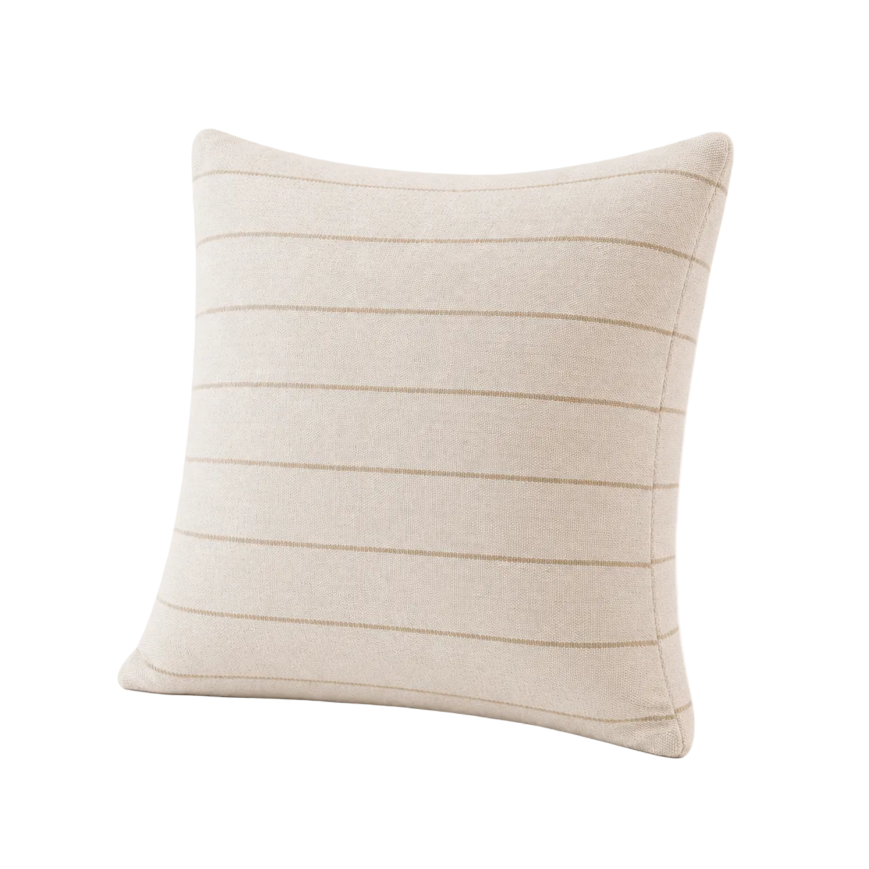 Cojín decorativo tejido claro con finas rayas beige horizontales, vista en ángulo semi-lateral