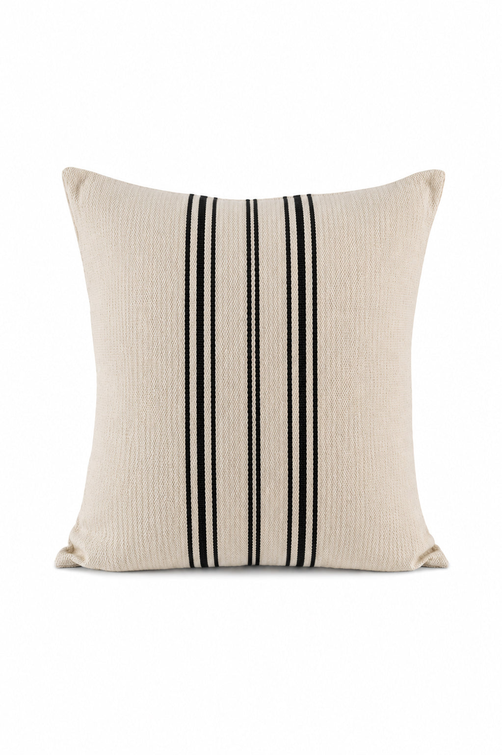 Cojín decorativo marfil estilo saco de grano con rayas negras verticales al centro
