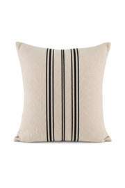 Cojín decorativo marfil estilo saco de grano con rayas negras verticales al centro