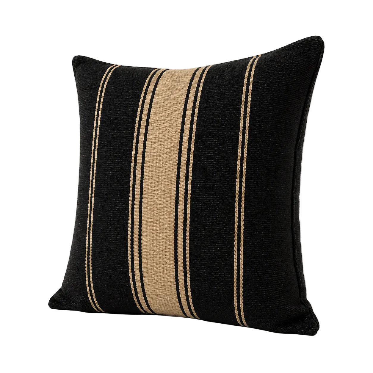 Cojín decorativo estilo saco de grano negro con banda central y líneas trigo, vista en ángulo semi-lateral