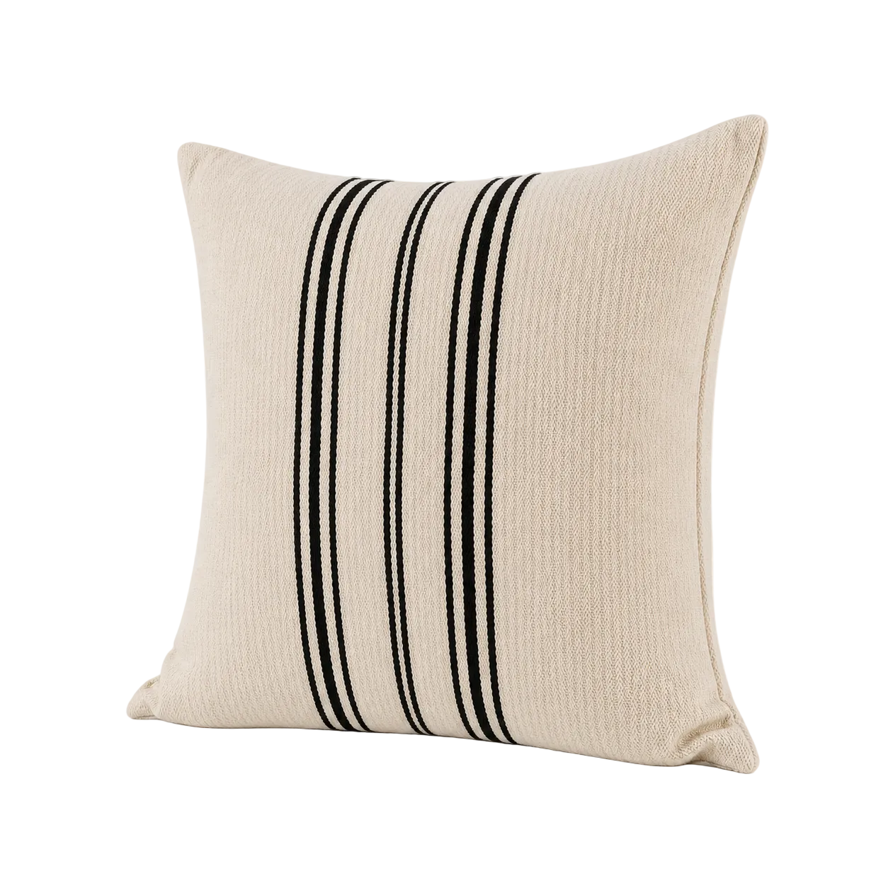 Cojín decorativo marfil estilo saco de grano con rayas negras verticales al centro, vista en ángulo semi-lateral