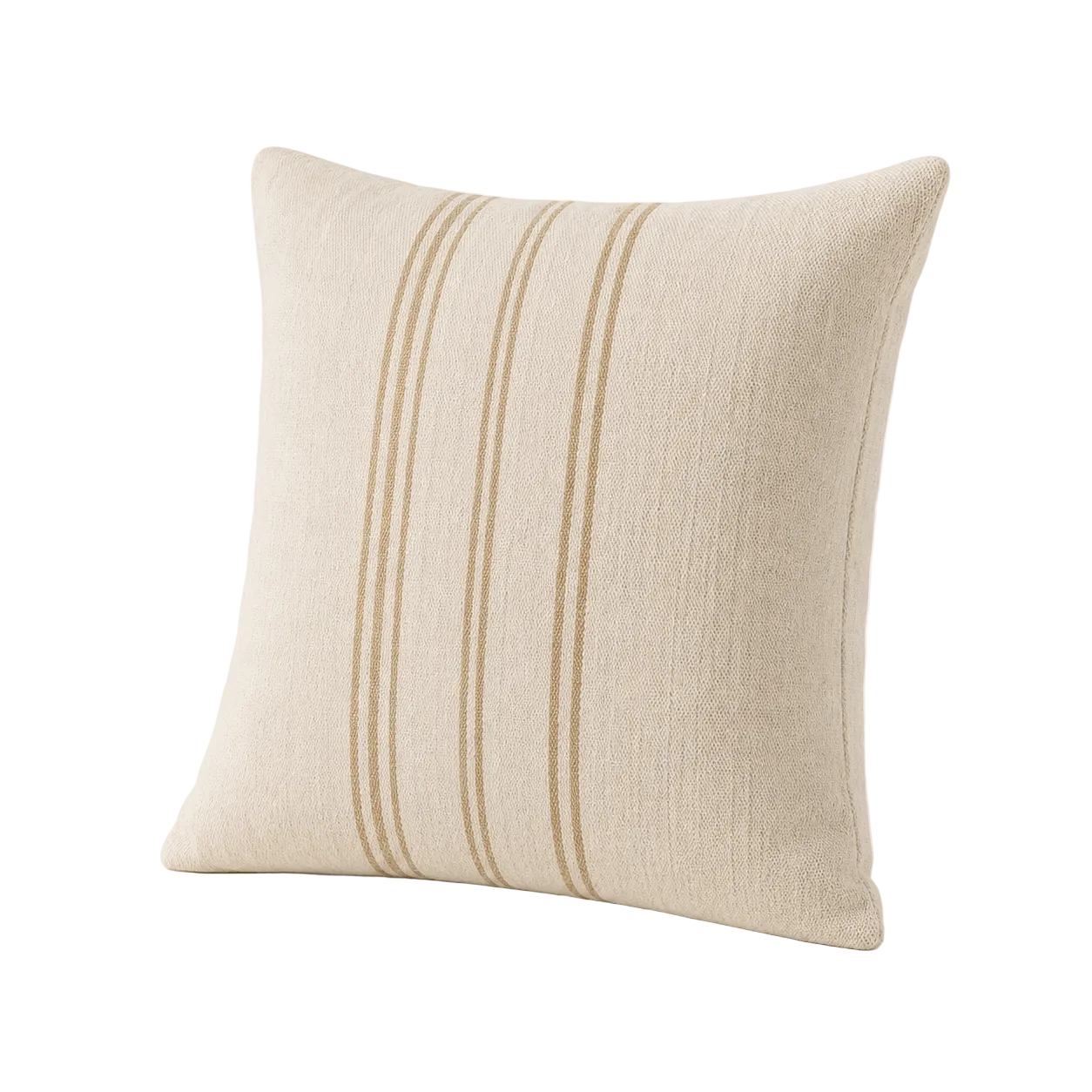 Cojín decorativo marfil con finas rayas verticales beige al centro, vista en ángulo semi-lateral